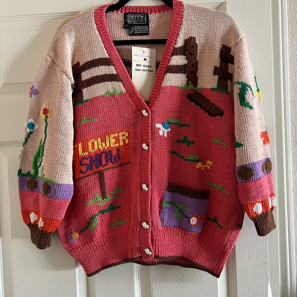 Berek Hand Knit Colorful Flower Show Cardigan Medium